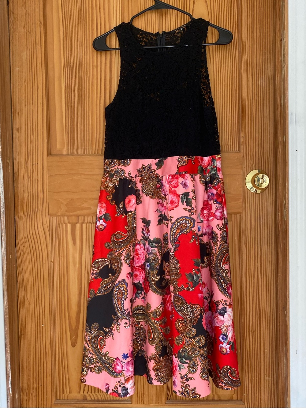 Black Lace Top Red & Pink Floral Paisley Dress